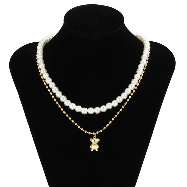 Pearl Choker Punk Bear Layered Necklace