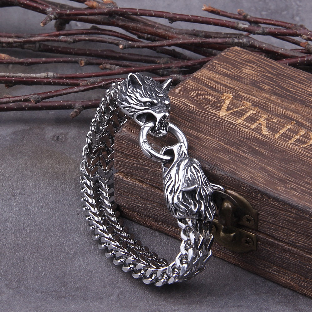 Rock Viking Wolf Charm Men's Bracelet