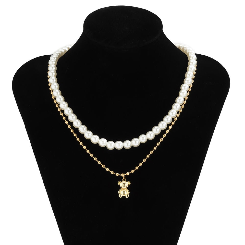 Pearl Choker Punk Bear Layered Necklace